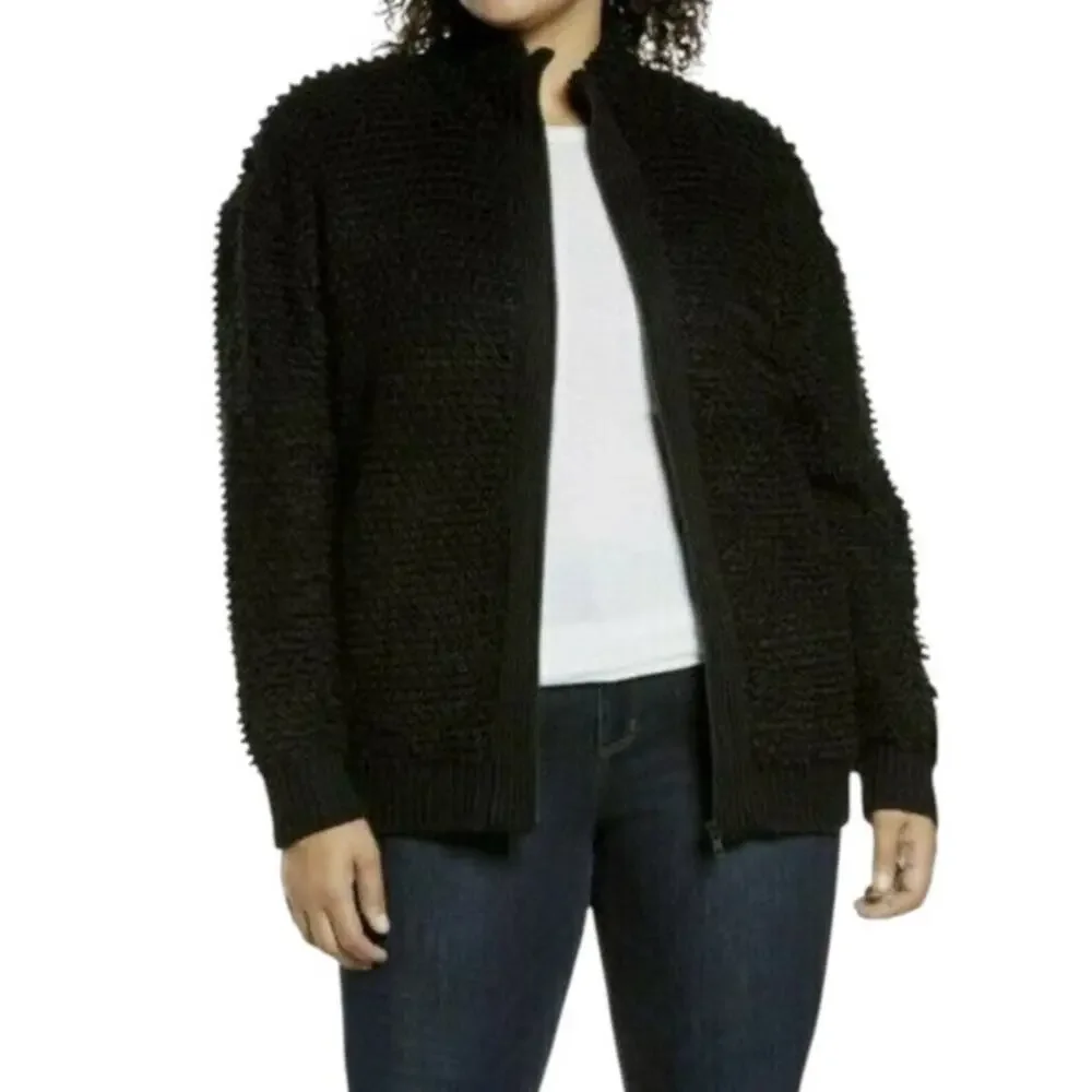 Treasure & Bond Womens Black Fuzzy Cozy Loop Yarn Front Zip Cardigan Large NWT
